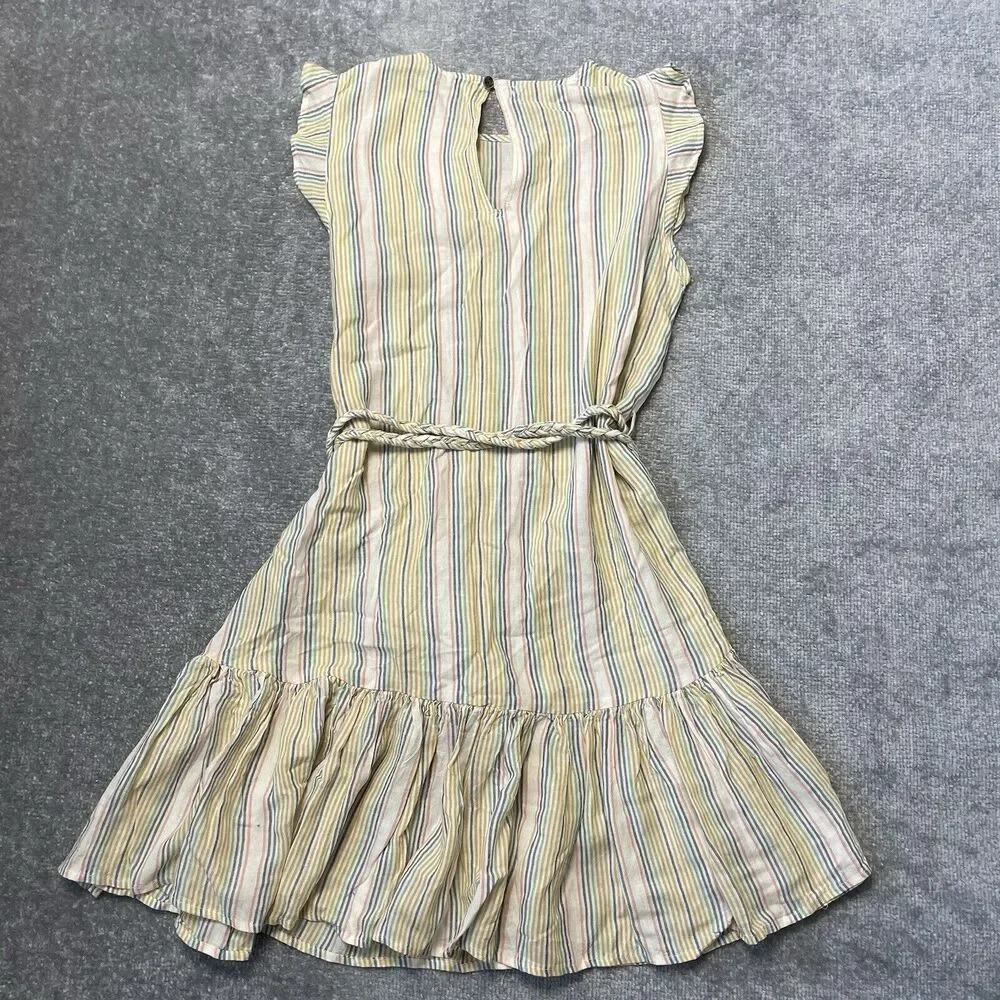Marine Layer Dress Womens Medium Cream Pastel Stripes Tiered Ruffle Linen Belted - Picture 8 of 8